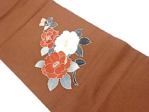 手織り紬手描き椿模様開き名古屋帯（額縁仕立て）